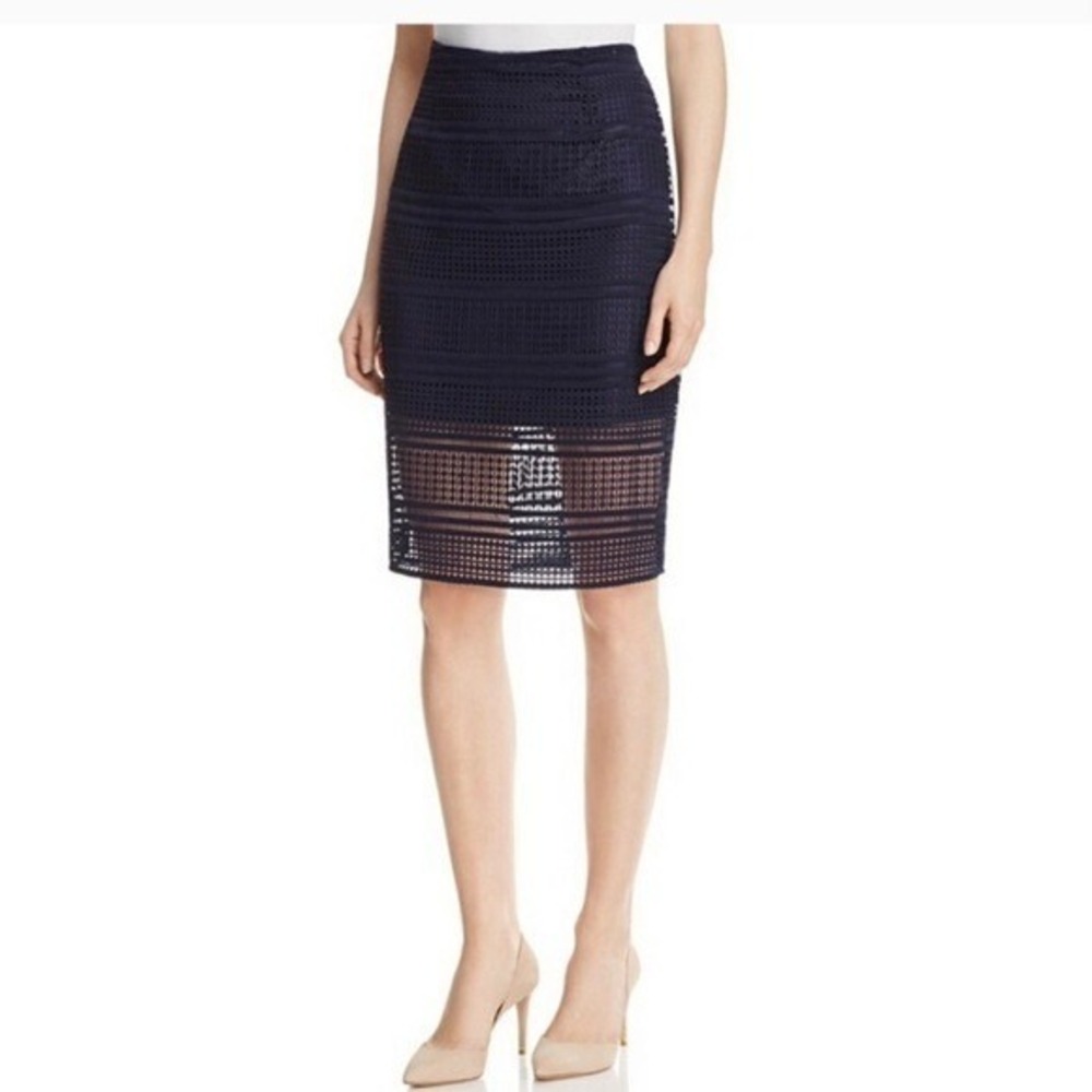 Cupcakes and Cashmere Navy Blue‎ Eyelet Lace Pencil Skirt Sheer Hem | Sz 10